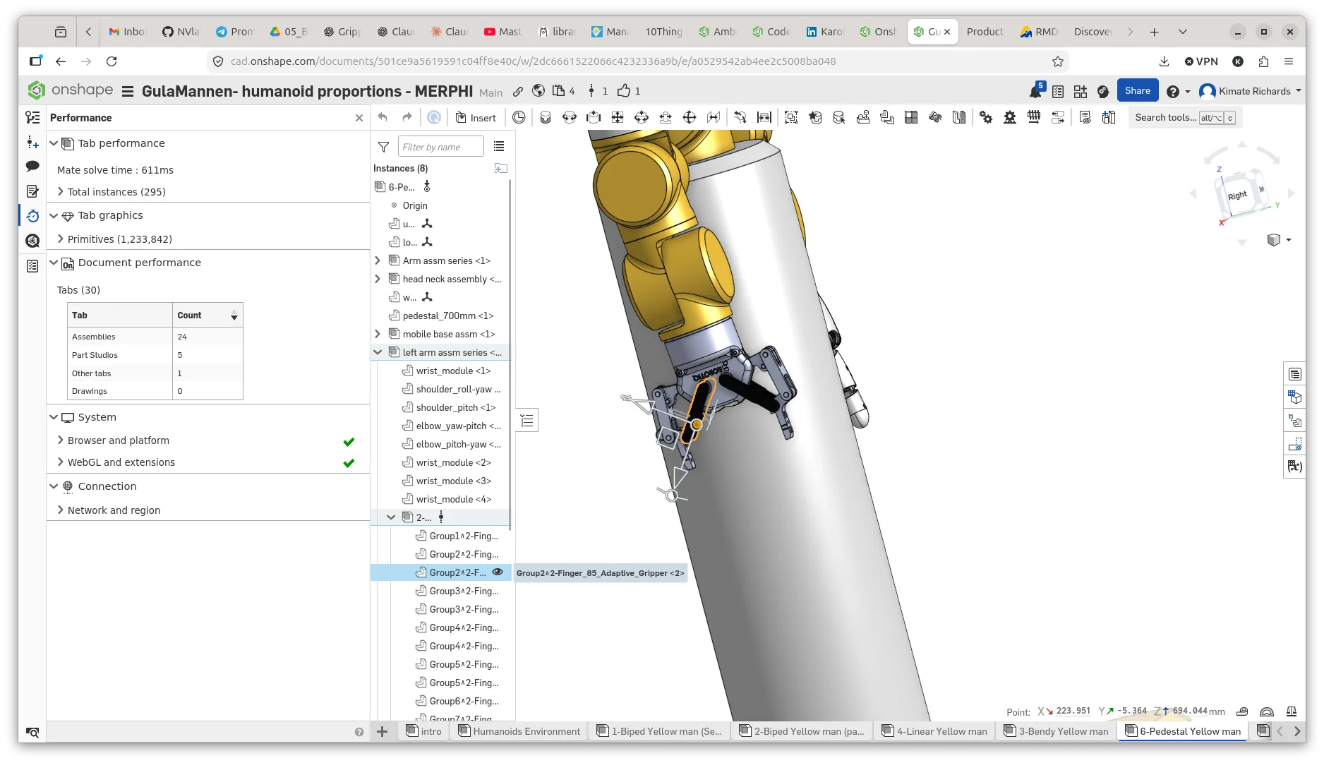 CAD workspace showing a robot assembly model prepared for export